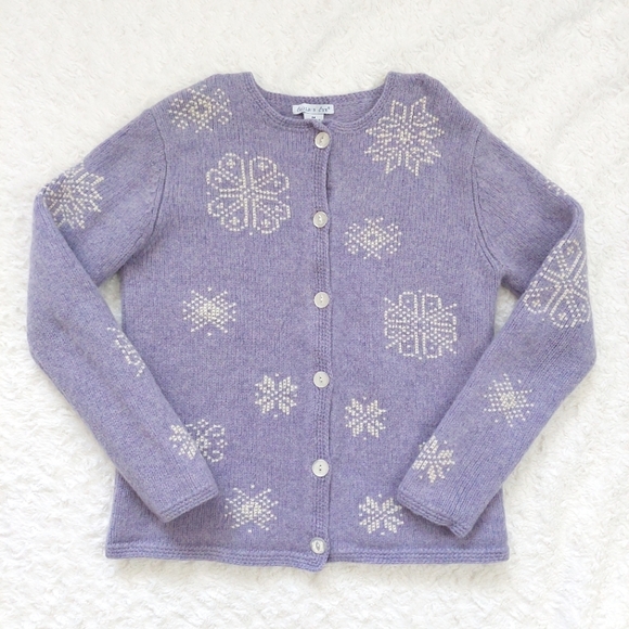 Vintage Wool Eagle's Eye Sweater Made in UK Purple Snowflake Knit Button Front M - Picture 8 of 11
